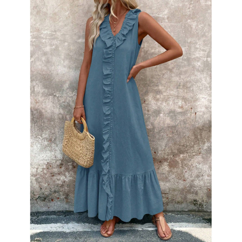 Women's Elegant Casual Summer Dress - V-Neck Sleeveless Ruffled Vacation Long Dress With Pleated Hem