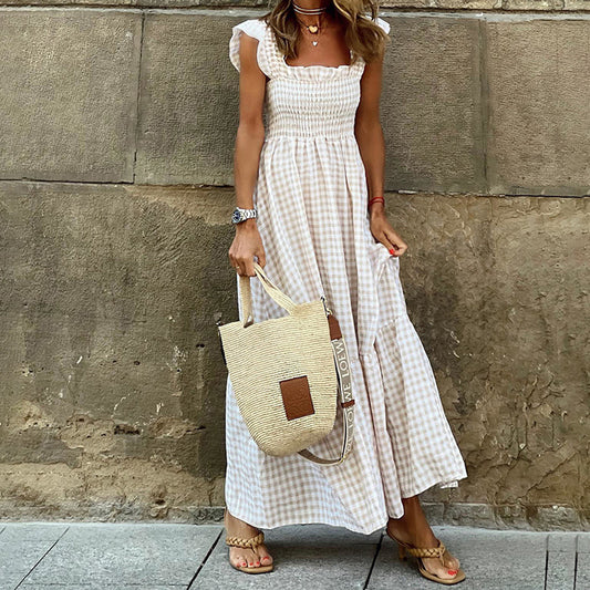 Elegant Square Neck A-Line Dress With Plaid Print, Ruffled Sleeves & Hem Versatile For Casual To Formal