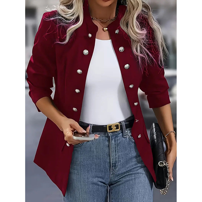 Women's Open Front Mock Neck Double Breasted Long Sleeve Blazer Business Jacket