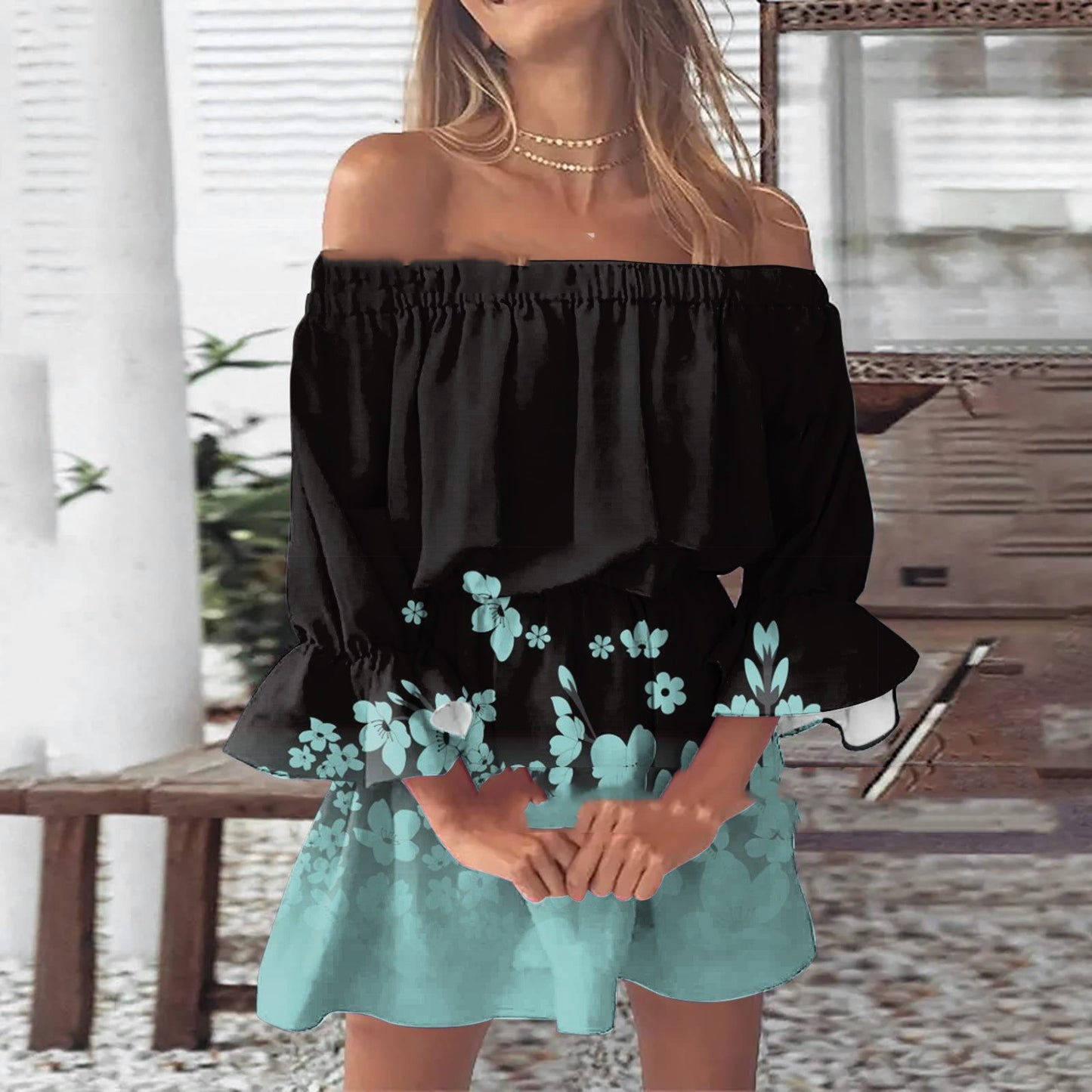 Off-shoulder Pleated Skirt Printing
