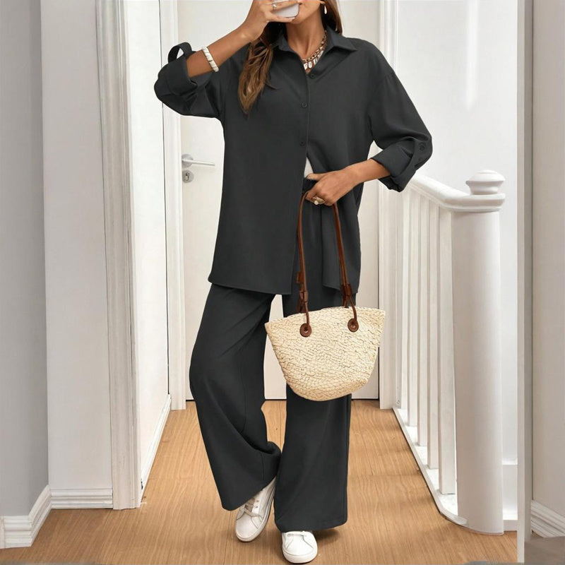 Women's Solid Color Shirt & Pants Set - Long Sleeve Button-Down Top With Elastic Waist Straight Pants Minimalist Casual Outfit