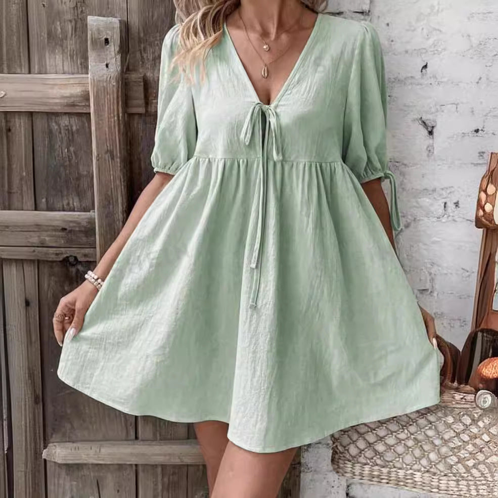 Deep V-neck Design Chest Lace-up A- Line Dress