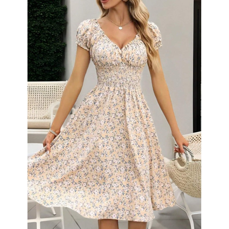 Women's Floral Summer Dress Casual Short Sleeve Ruffle Flowy Midi Sundress Boho Beach Vacation Dress