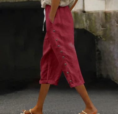 Casual Patchwork Button Cropped Pants For Women