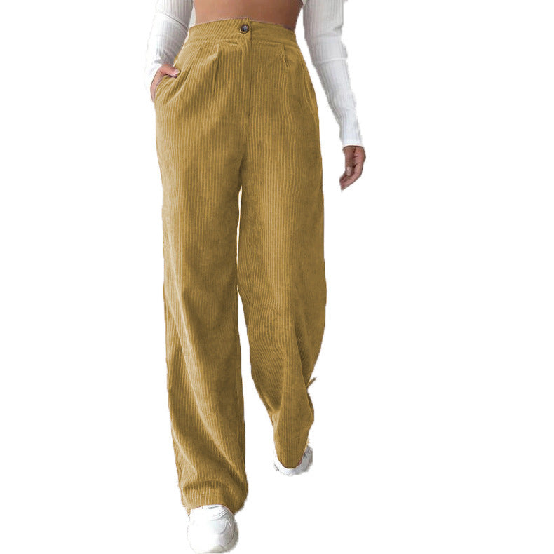 Women's High Waist Casual Pants Solid Color Corduroy Baggy Straight Trousers