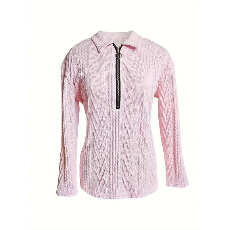 Women's Solid Color Textured Zip-Up Collared Long Sleeve Top - Casual Fall&Spring Blouse With Stretchy Comfort Fit