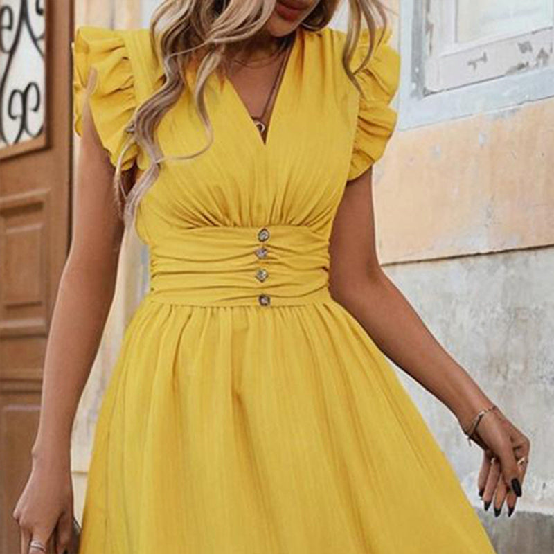 Women's Solid Color Sleeveless V-Neck Dress - High Waist Ruffled Hem Boho Flowy Summer Dress With Shoulder Frills, Casual & Party Dress