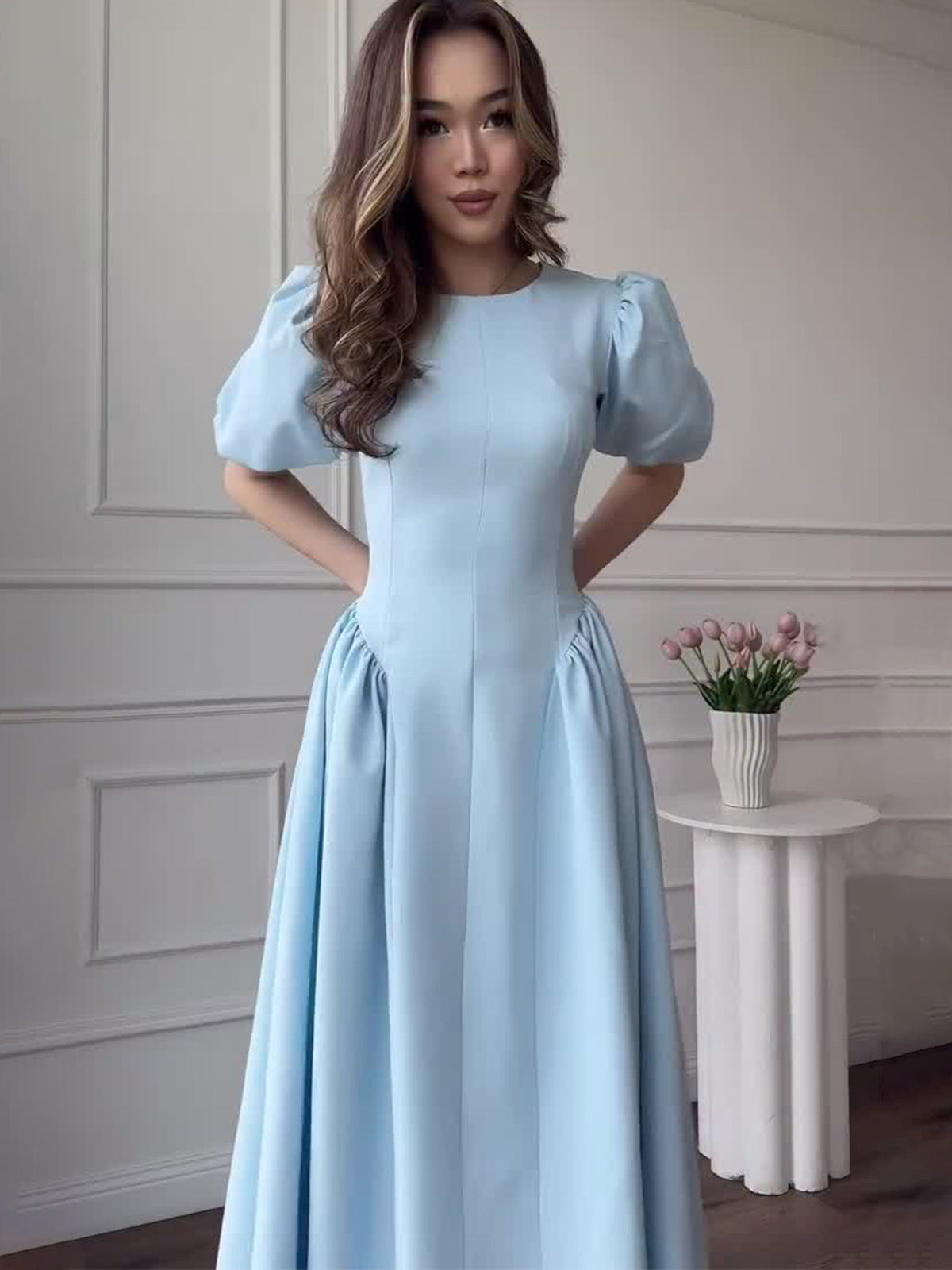 Retro Short Sleeve Puff Sleeve Dress