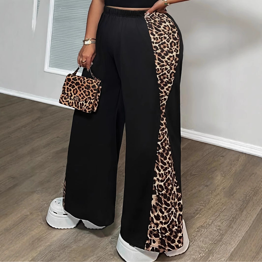 Black Loose Leopard Print Fashionable Wide-leg Pants Plus Size Women's Pants