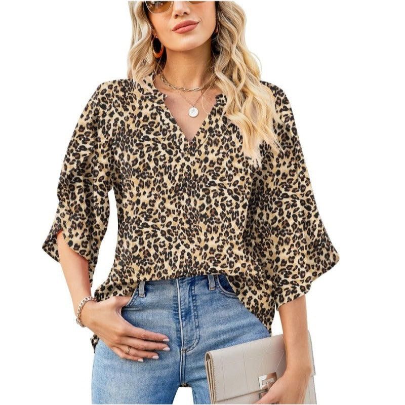 Summer And Autumn New Women's Top Loose V-neck Petal Sleeve Chiffon Printed Women's Shirt