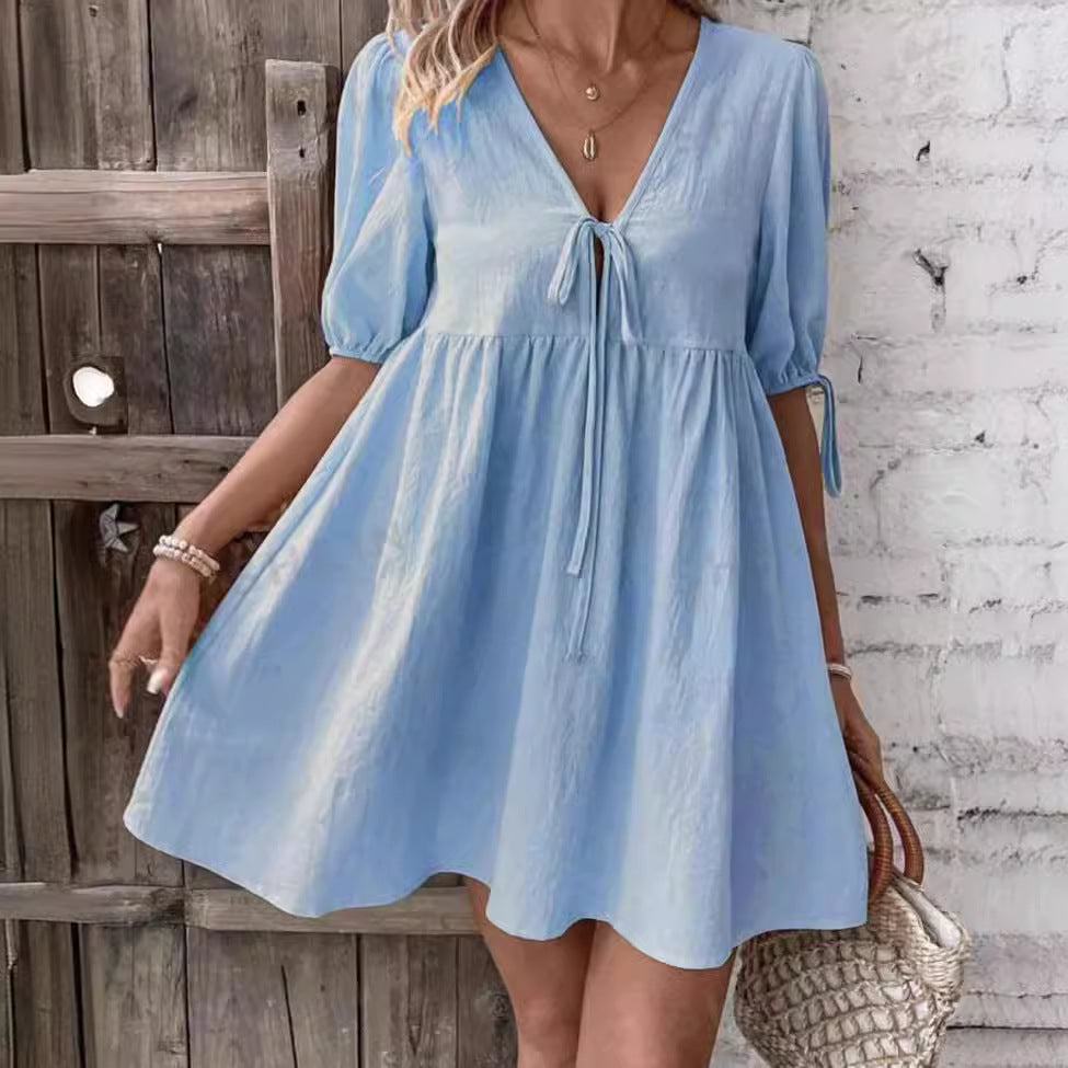 Deep V-neck Design Chest Lace-up A- Line Dress