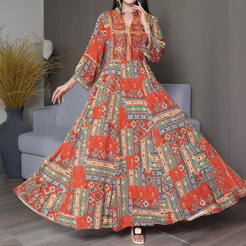 Women's Middle Eastern Style Long Sleeve Dress - Geometric Print V-Neck Embroidered Maxi Dress Boho Vacation Dress