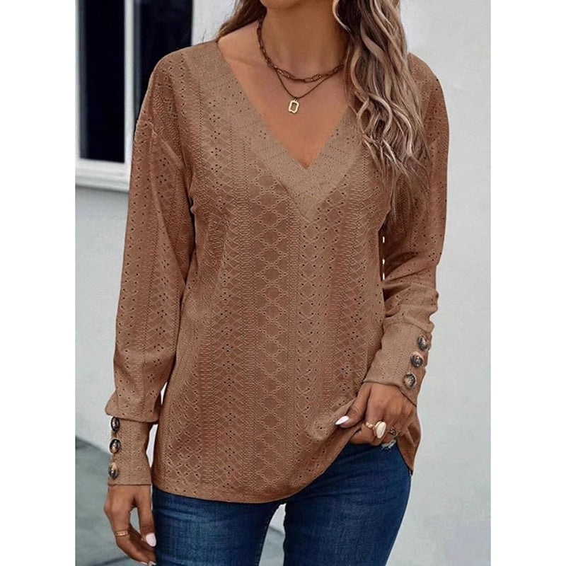 Womens Long Sleeve Eyelet Tops V Neck Fall Shirts Casual Loose Blouses Trendy Clothes