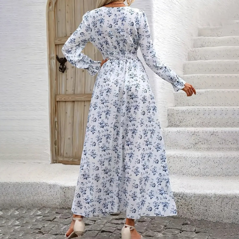 Women's V-Neck Floral Print Long Sleeve Maxi Dress - A-Line Hem With Lace Cuff Details, Elegant Bodycon Dress For Spring&Summer