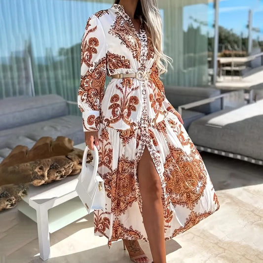 Women's Bohemian Flowy Maxi Dress - Charming V-Neck With Bell Sleeves, Bold Printed Pattern, Side Slit Design
