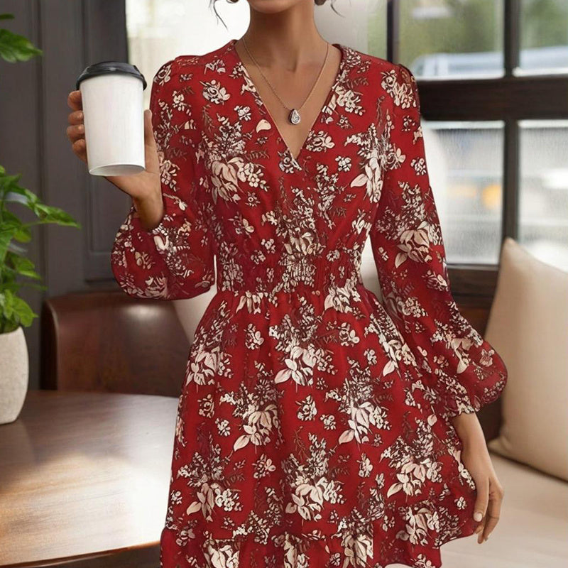 Women's V-Neck Floral Print Long Sleeve Dress With Lantern Sleeves, Ruffled Elastic Waist A-Line Midi Boho Summer Dress