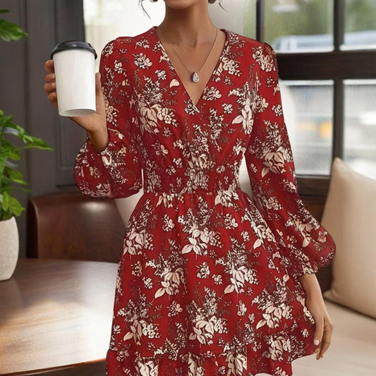 Women's V-Neck Floral Print Long Sleeve Dress With Lantern Sleeves, Ruffled Elastic Waist A-Line Midi Boho Summer Dress