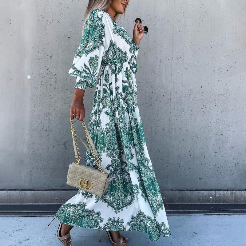 Women's Bohemian Flowy Maxi Dress - Charming V-Neck With Bell Sleeves, Bold Printed Pattern, Side Slit Design