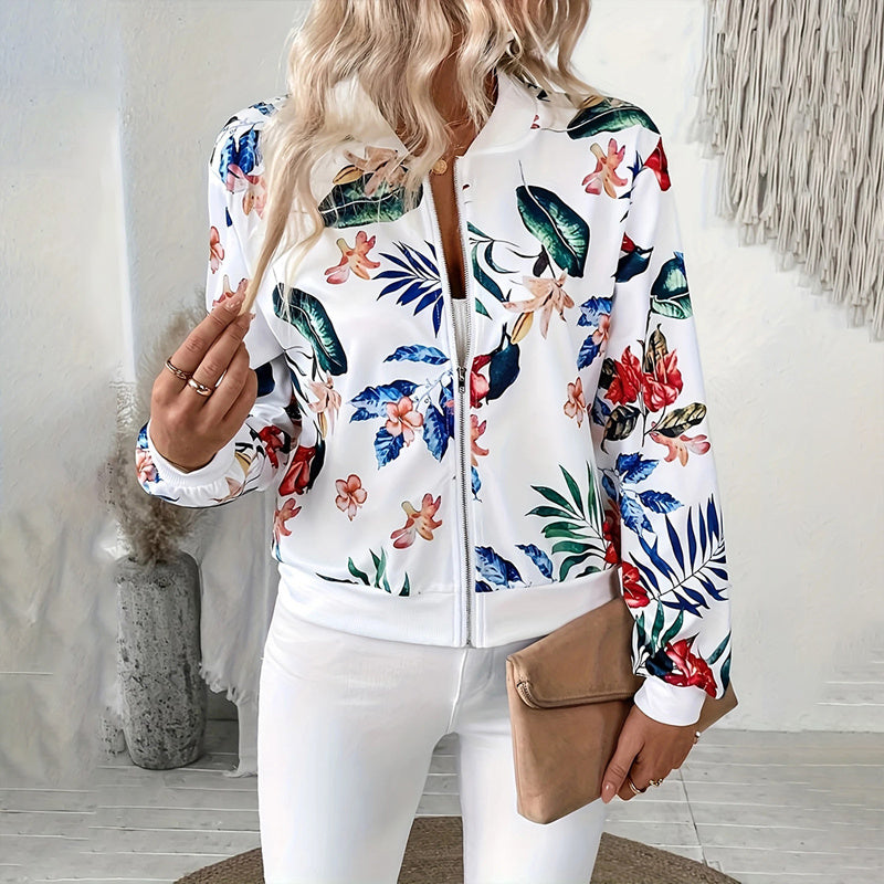 Women's Zip-Up Jacket With All-Over Botanical Print, Round Neck Long Sleeve Casual & Formal Wear For Spring&Fall