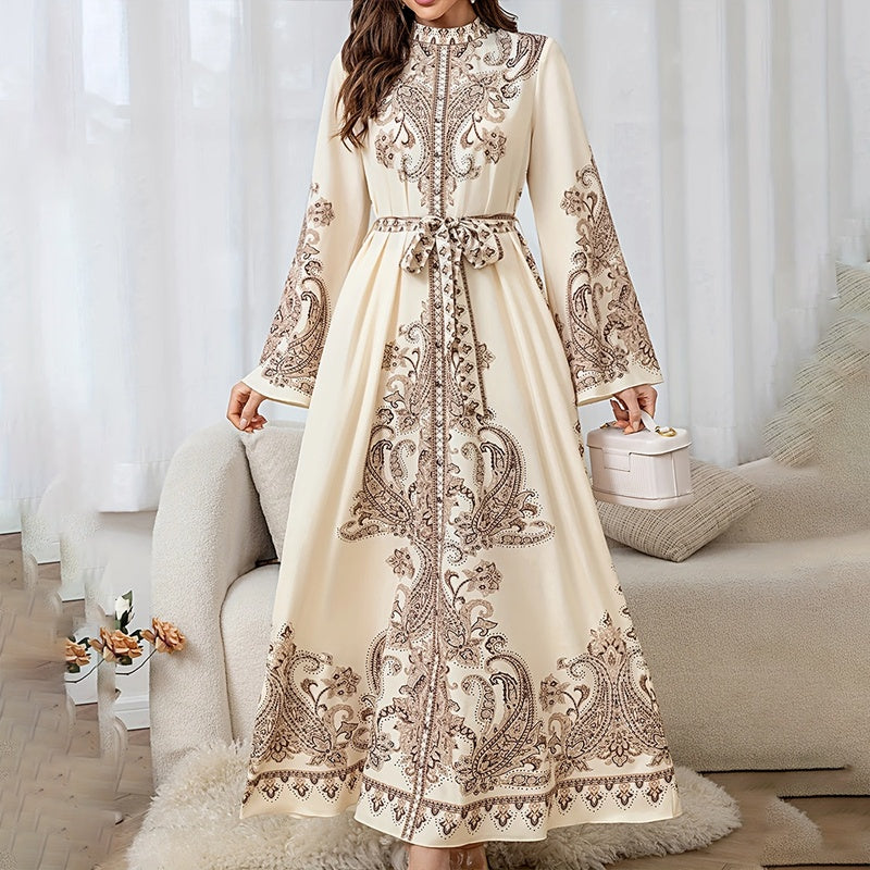 Women's Vintage High-Neck Floral Maxi Dress Loose Long Sleeve, Adjustable Waist Belt, Middle Eastern Inspired Holiday Dress Ankle-Length Gown
