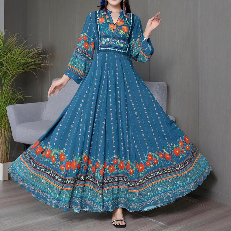 Women's Ethnic Style V-Neck Long Sleeve Dress - Embroidered Floral Pattern A-Line Maxi Dress With Printed Hem Middle Eastern Inspired Fashion