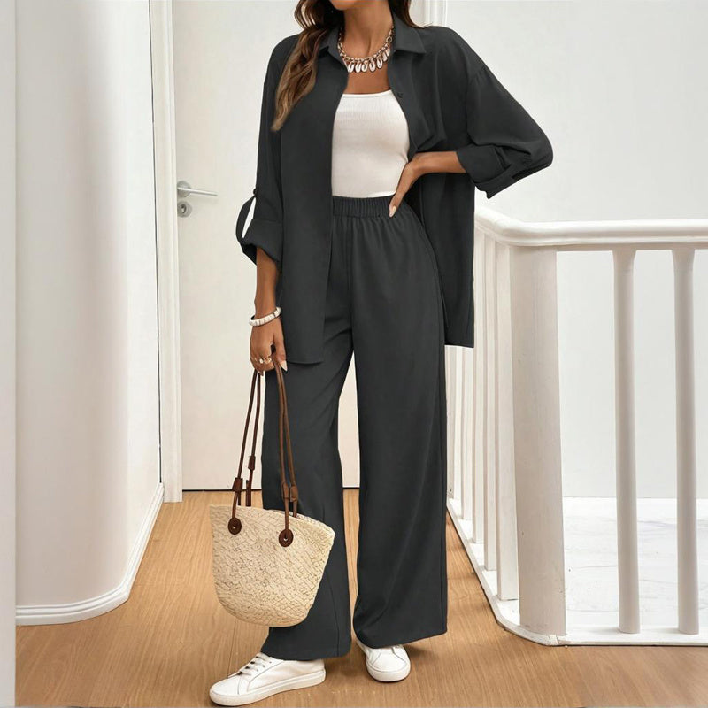 Women's Solid Color Shirt & Pants Set - Long Sleeve Button-Down Top With Elastic Waist Straight Pants Minimalist Casual Outfit