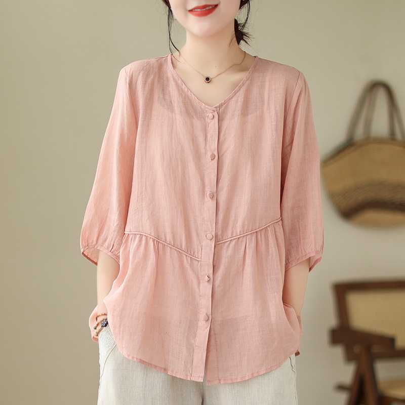 Artistic New Cotton And Linen Retro Crew Neck Top