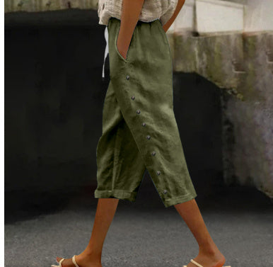 Casual Patchwork Button Cropped Pants For Women
