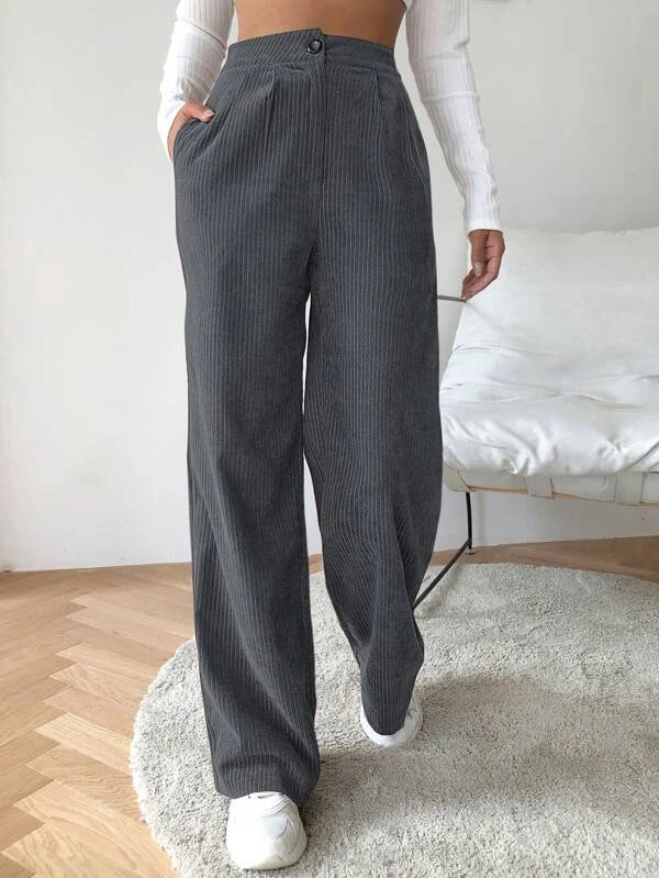 Women's High Waist Casual Pants Solid Color Corduroy Baggy Straight Trousers