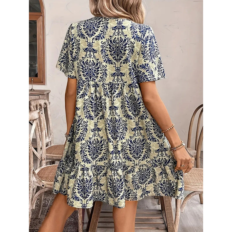 Women Casual Summer Dress Boho Drawstring V Neck Short Sleeve Floral Print Flowy Beach Dress