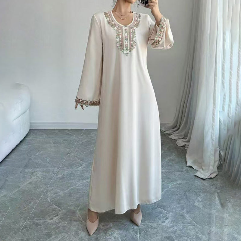 Women's Middle Eastern Embroidered Maxi Dress - Round Neck Long Sleeve Flowy Kaftan With Exquisite Embroidery, Loose Fit
