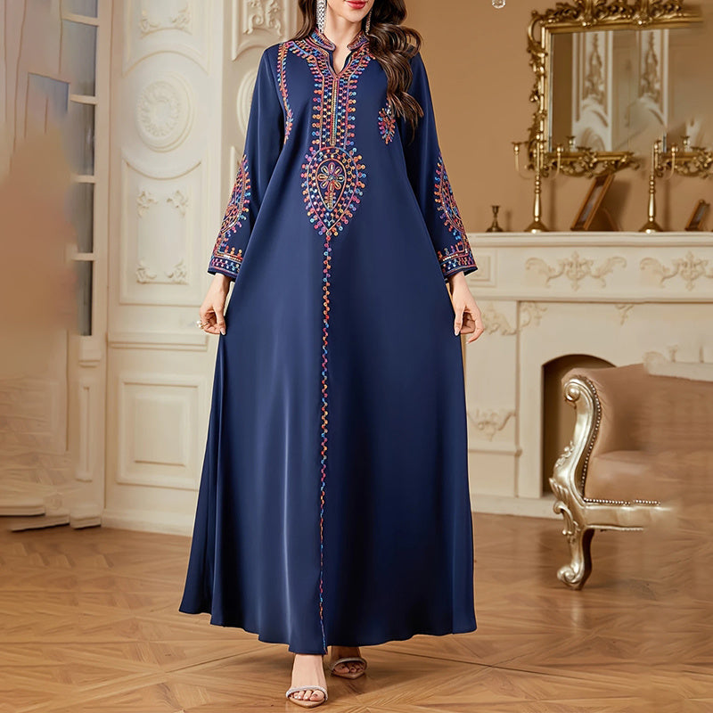 Elegant Women's Long Sleeve Floor-Length Dress - Stand Collar With Geometric Print & Sequins Detail Dress For Casual&Party Wear