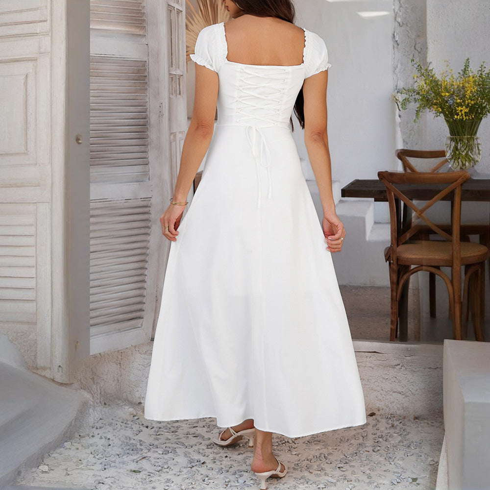 Women's Bohemian Backless Maxi Dress Flowy Ruffled Beach Dress With Adjustable Belt Summer Vacation Boho Dress For Casual Outings