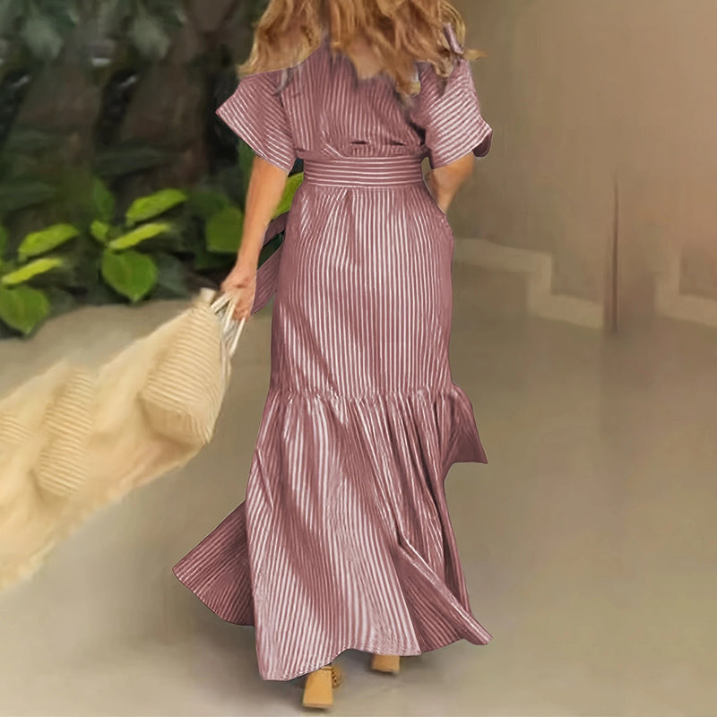 Women's Summer Casual Striped Button Down Maxi Dress Tie Waist Short Sleeve Shirt Dress With Pockets