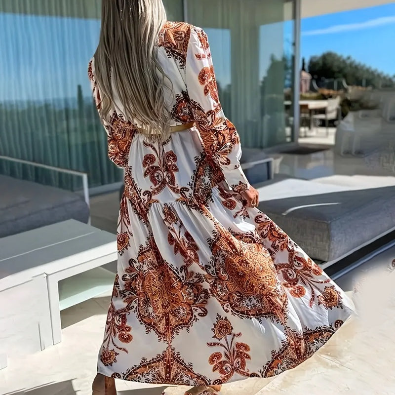Women's Bohemian Flowy Maxi Dress - Charming V-Neck With Bell Sleeves, Bold Printed Pattern, Side Slit Design