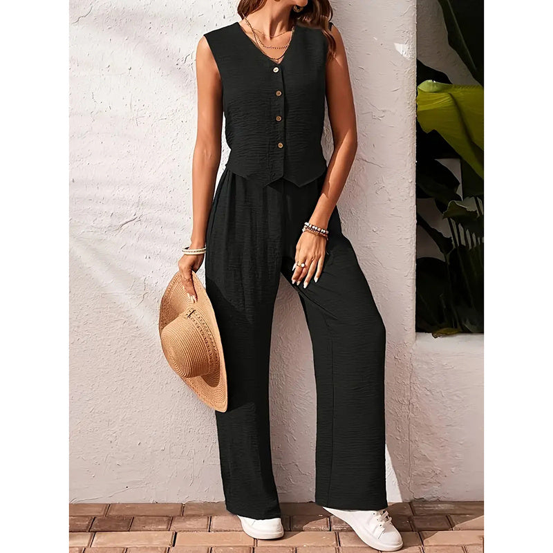 Womens Two Piece Outfits Summer Fashion Button V Neck Crop Vest Blazer And Wide Leg Pants Suit Matching Sets
