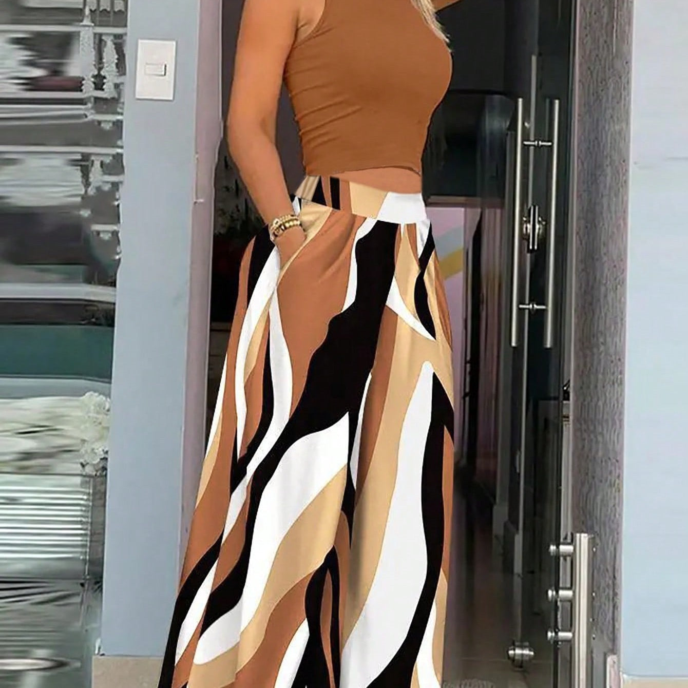 Women's Casual Vacation Style Semi-High Neck Knitted Top Set