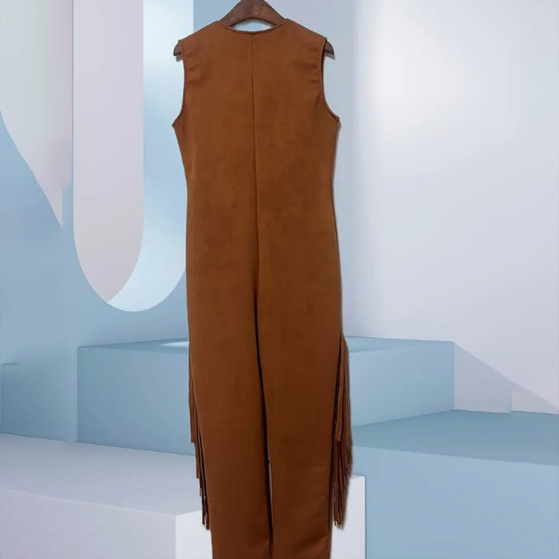 Women's Vintage Western Fringe Jumpsuit - Brown Sleeveless Romper With Fringe & Zip Details, High Waist Wide Leg Boho Chic All-Season Outfit