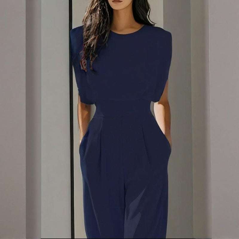 Women's Solid Color Round Neck Short Sleeve Wide-Leg Jumpsuit With Waist Design & Pockets Casual Romper For Spring&Summer