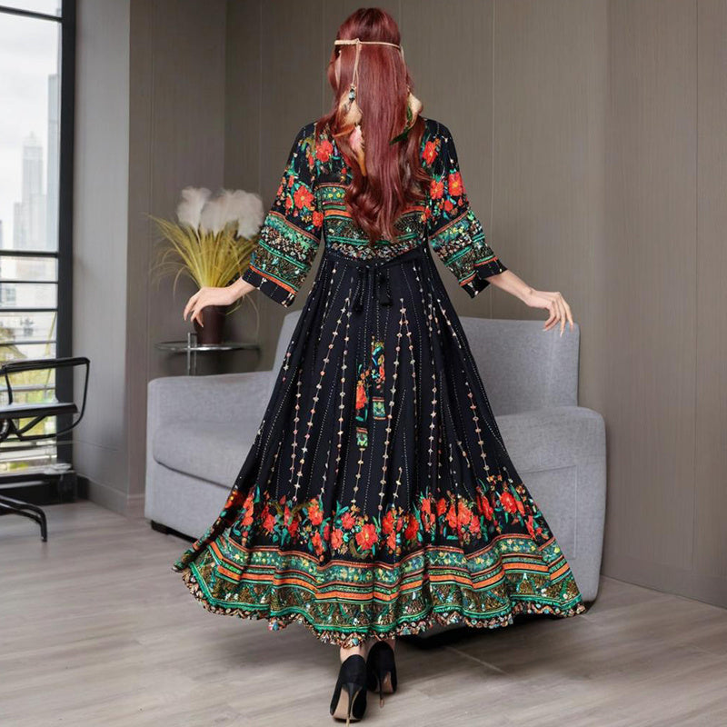 Women's Ethnic Style V-Neck Long Sleeve Dress - Embroidered Floral Pattern A-Line Maxi Dress With Printed Hem Middle Eastern Inspired Fashion
