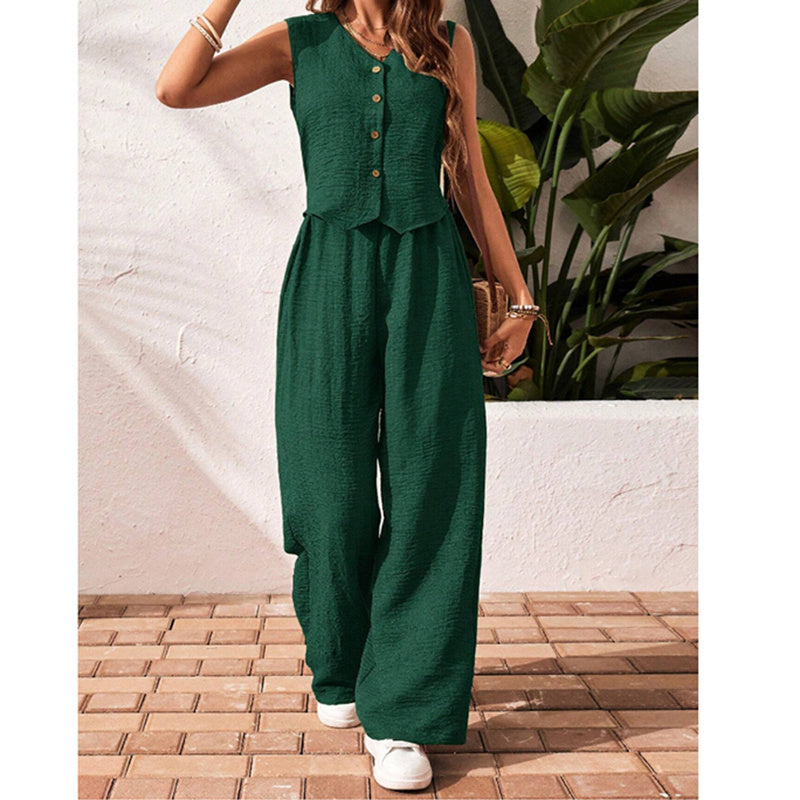 Womens Two Piece Outfits Summer Fashion Button V Neck Crop Vest Blazer And Wide Leg Pants Suit Matching Sets