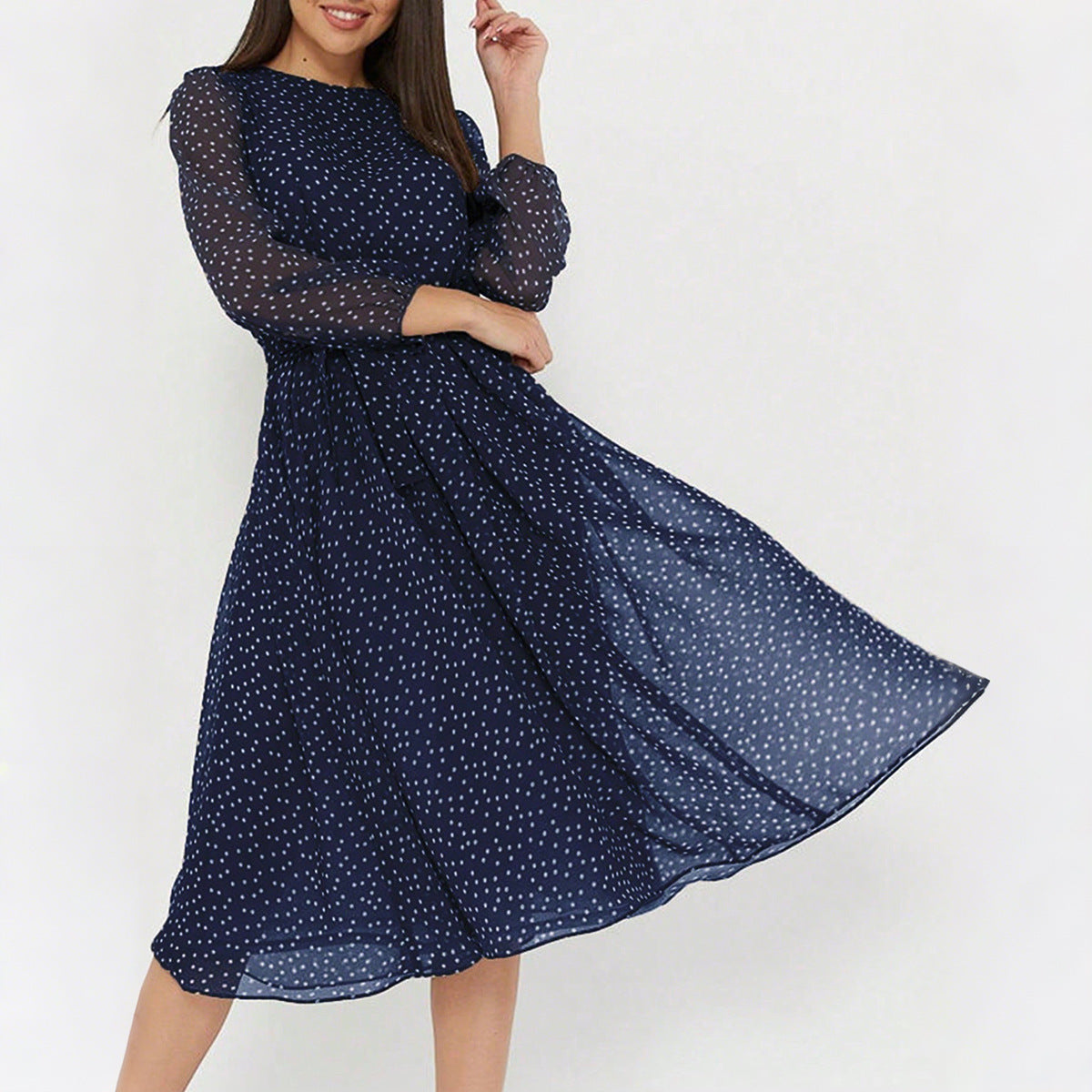 European And American Leisure Vacation Style Polka Dot Long Sleeve Maxi Dress