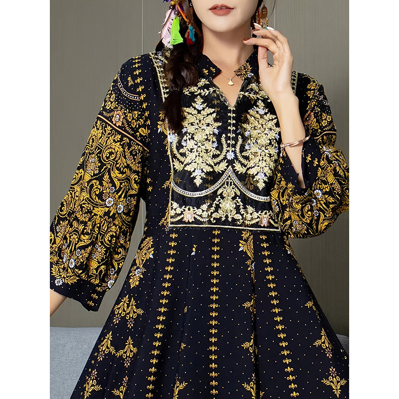 Women's Boho V Neck Maxi Dress Elegant 3 4 Sleeve Ethnic Floral Print Swing Dress