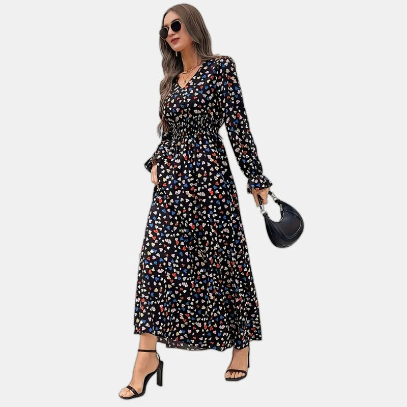 Women's V-Neck Floral Print Long Sleeve Maxi Dress - A-Line Hem With Lace Cuff Details, Elegant Bodycon Dress For Spring&Summer