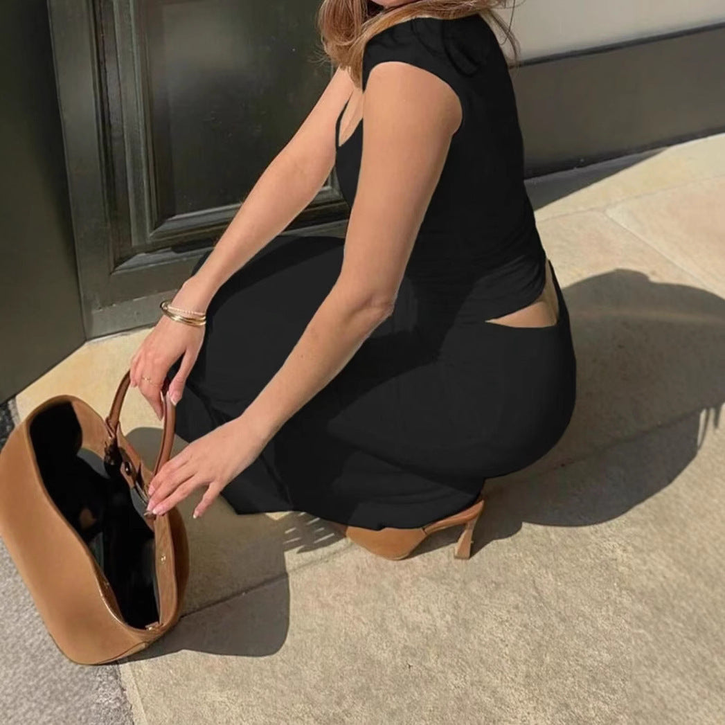 V-neck Short Sleeve Sexy Waist Hollow-out Top Sheath Skirt Suit