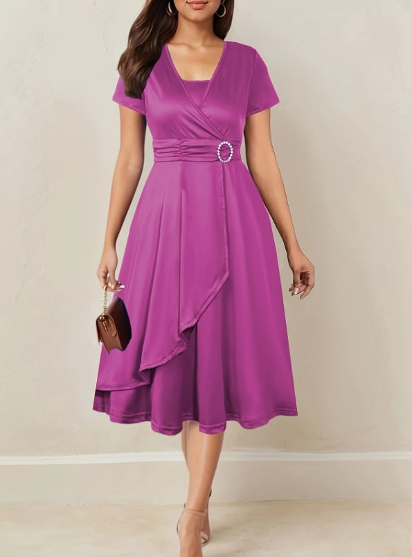Asymmetrical Hem Short Sleeve V-neck Cross Elegant Solid Color Rhinestone Dress Rose Purple