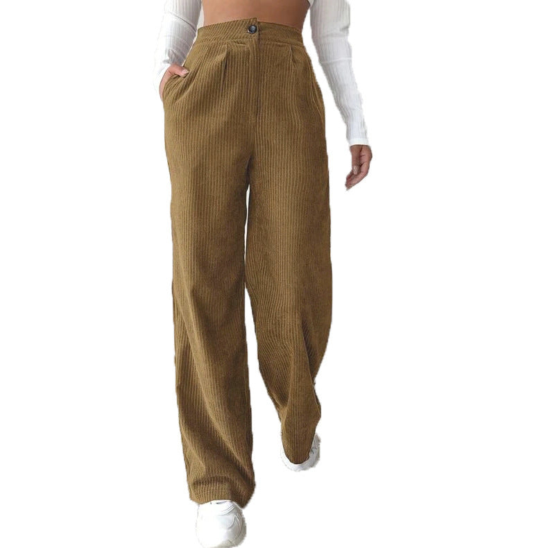 Women's High Waist Casual Pants Solid Color Corduroy Baggy Straight Trousers