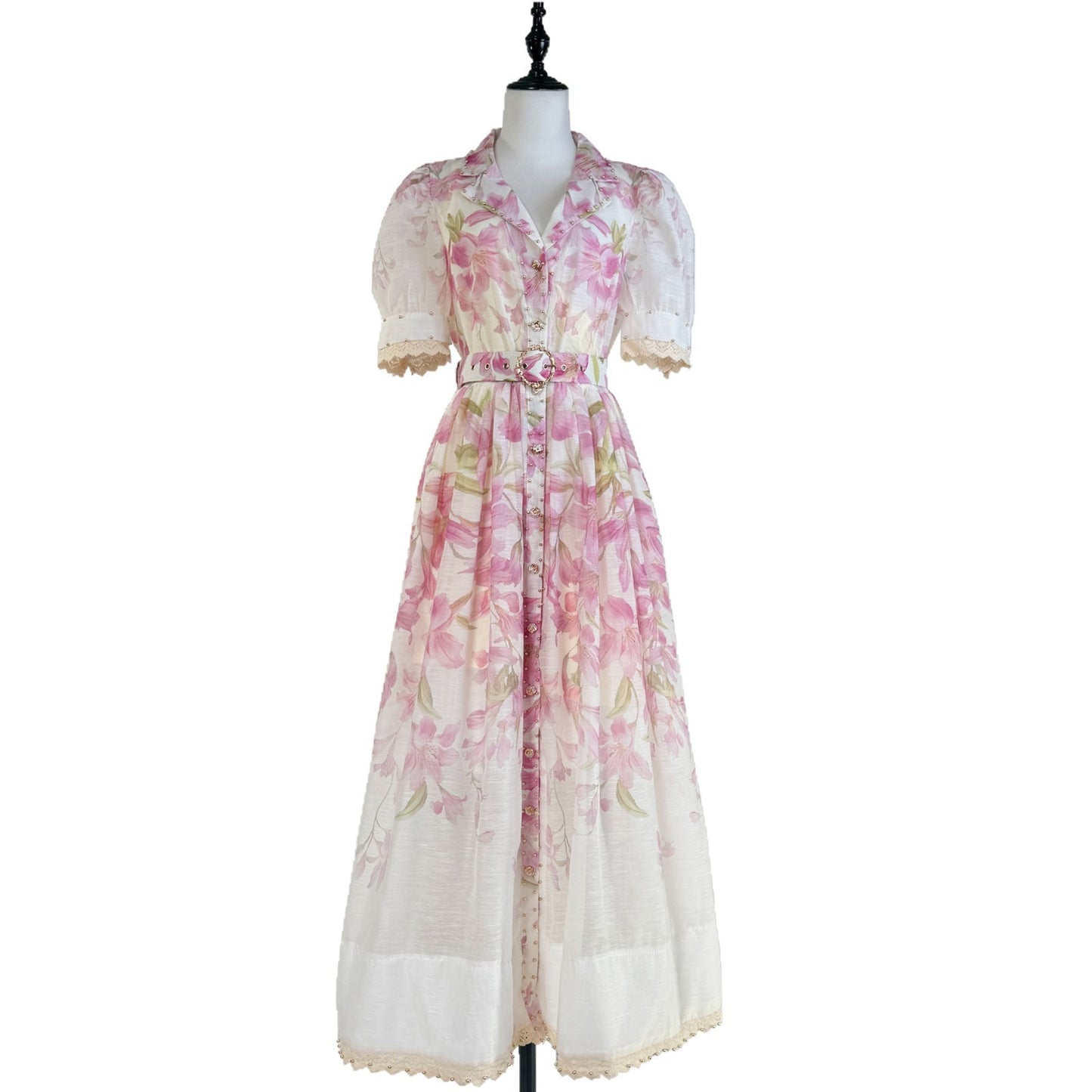 Lace Ruffled Short Sleeves Printed Style Dress