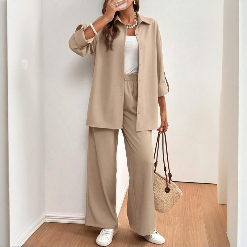 Women's Solid Color Shirt & Pants Set - Long Sleeve Button-Down Top With Elastic Waist Straight Pants Minimalist Casual Outfit
