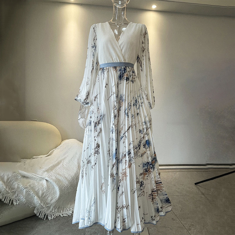 Women's Floral Print V-Neck Long Sleeve Maxi Dress A-Line Flowy Ruffled For Spring&Summer Vacation & Evening Party